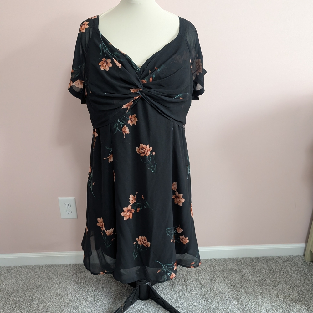 Black Floral Twist-Front Midi Dress in Peach eShakti